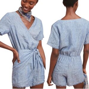 Anthropologie Sanctuary Montana Blue Linen Front Wrap Tie Waist Romper - M